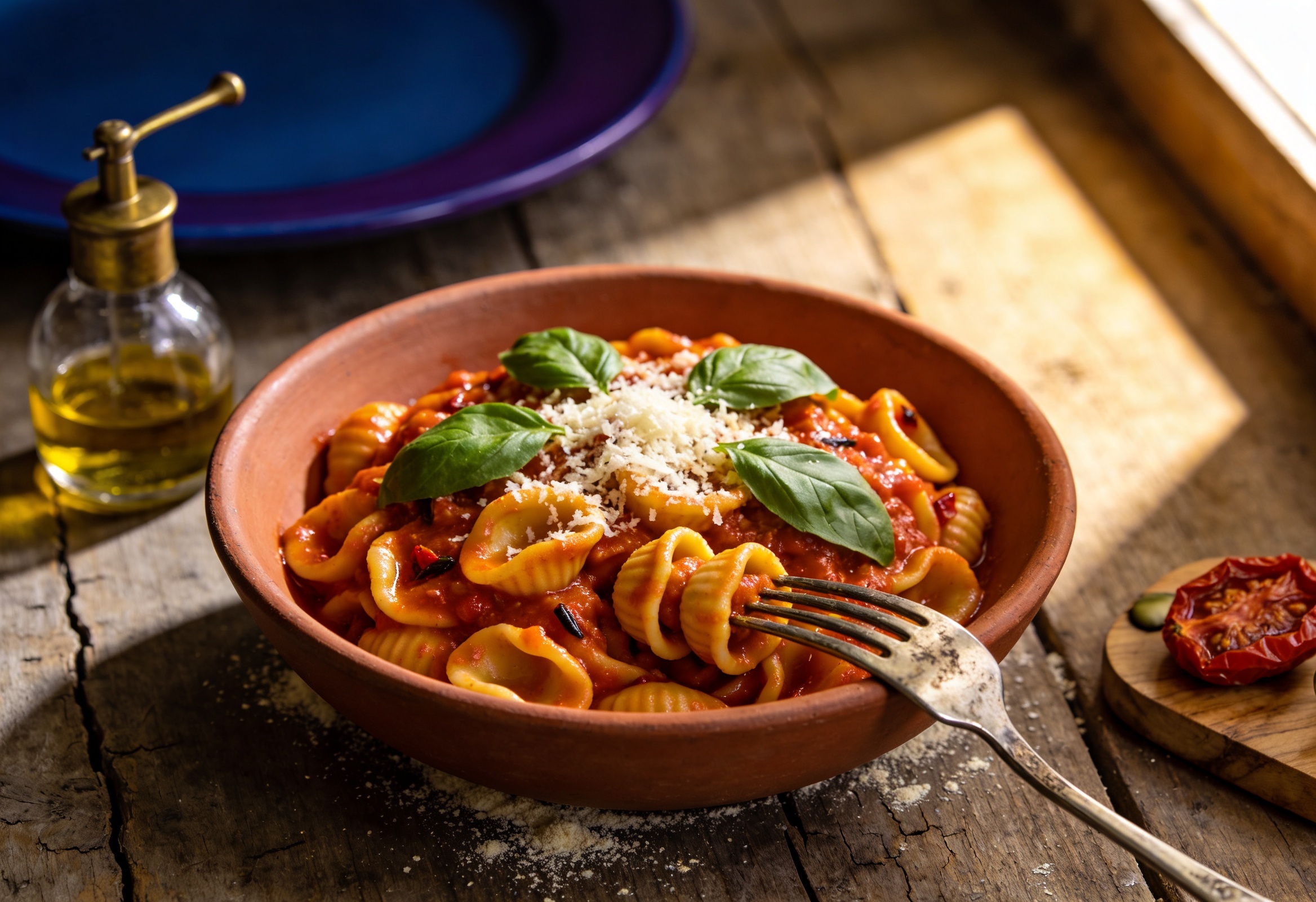 Terracotta kasede el yapımı orecchiette ve domates sosu